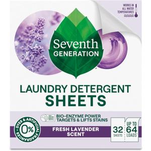Seventh Generation Laundry Detergent Sheets, Up to 64 Loads, Fresh Lavender Scent, Removes Tough Stains, 0% Dyes and Artificial Fragrances, Safer for your family (32 Count (Pack of 1))