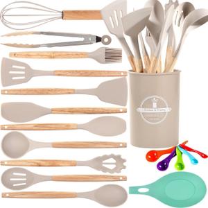 Silicone Cooking Utensils Set, 446°F Heat Resistant Kitchen Utensils Set,Spatula Set for Cooking Wooden Handle Silicone Gadgets Kitchen Tools for Nonstick Cookware