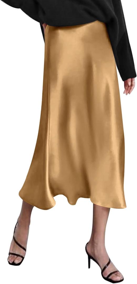 Zeagoo Skirts for Women High Waist Skirt Elegant Midi Skirt Satin (Beige, L)