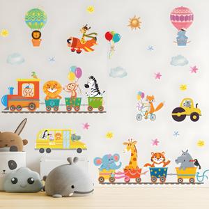 Jungle Animal Wall Stickers Cartoon Train Hot Air Balloon Safari Wall Decals Kid Room Nursery Baby Bedroom Dcor (Train Hot Air Balloon Animals)