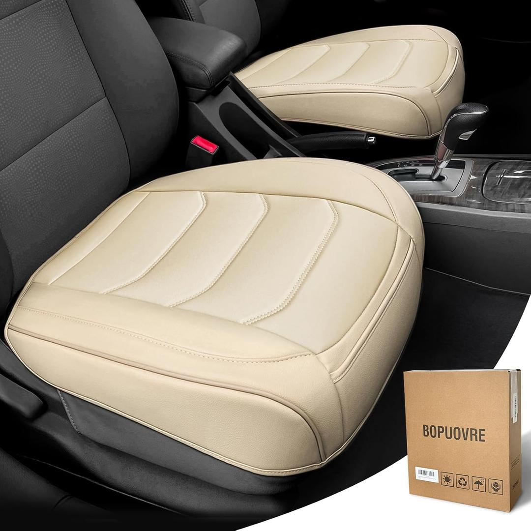 BOPUOVRE Car Seat Cover for Luxury & Comfort - PU Leather, Anti-Slip, Full Wrap Protection with Storage Pocket for Bottom Cushion - Universal Fit for 95% of Vehicles (Yellowish-White,2 Piece)