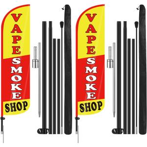 2 Pack 15 Feet Smoke Shop Flags Feather Signs Smoke Shop Swooped Banners with Flag Pole Kit for Outside Outdoor Business Advertising Decoration