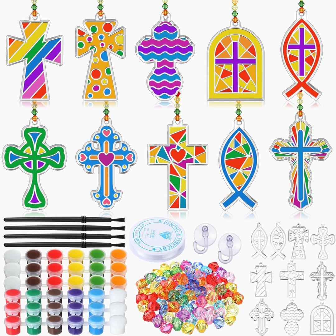 WinnerWhy 30 Sets Christian Cross Craft Kits Bulk, Religious VBS DIY Suncatcher Paint Your Own Cross Window Art Ornaments for Sunday School Church Activity Party Supplies Decoration