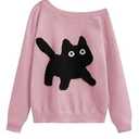 GORGLITTER Women's Off The Shoulder Sweater Cat Print Graphic Long Sleeve Fall Trendy 2025 Pullover Top Pink Large