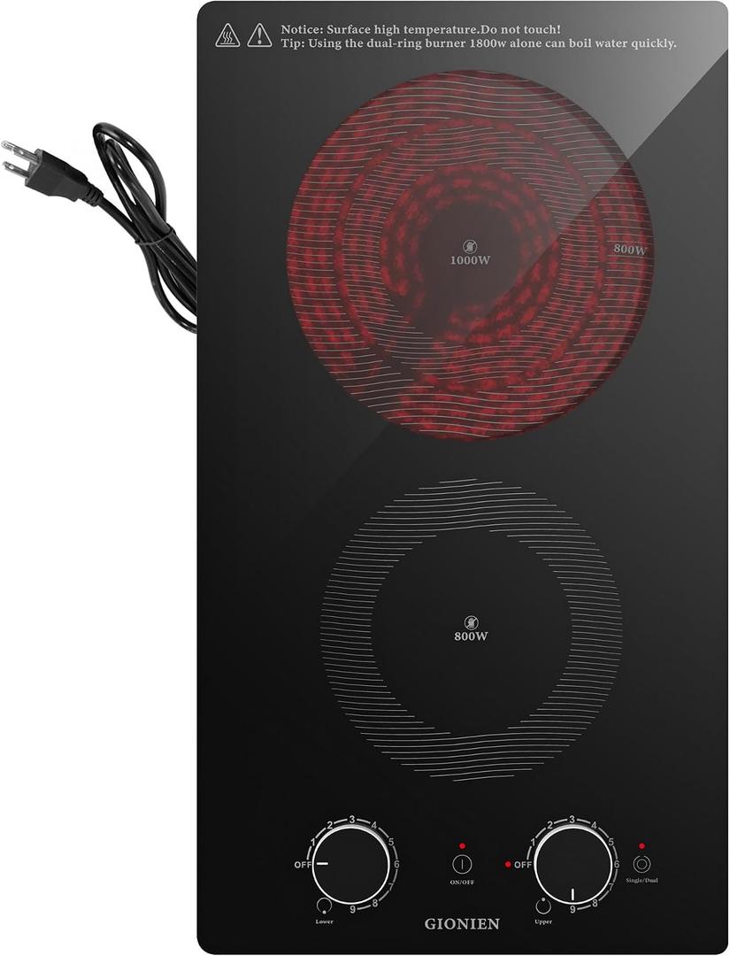 12 Inch Electric Cooktop with 2 Burner,110V-120V, 1800W,Plug in Electric Stove Top,Countertop & Built-in,Glass Radiant Cooktop with 2 Knob & Touch Control,Auto Shutdown,Residual Heat Warning