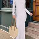 Uni Clau Long Sleeve Bodycon Maxi Dress for Women Elegant Crew Neck Textured Slim Fit Fall Party Dresses White