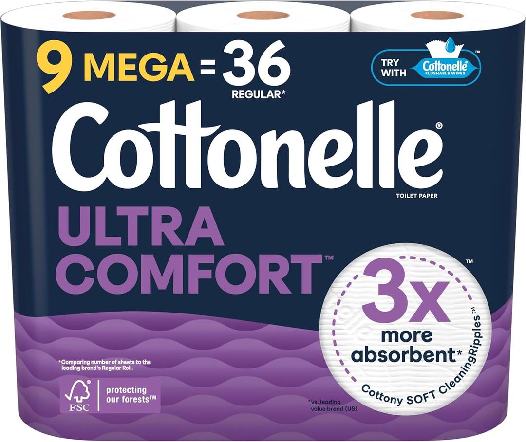 Cottonelle Ultra Comfort Toilet Paper, 9 Mega Rolls = 36 Regular Rolls, Packaging May Vary