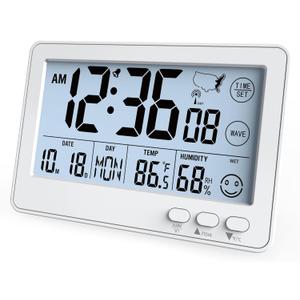 KJMOPRO Small Desk Atomic Clock, Auto Set Digital Desk Clocks with Temperature, Humidity and Date, Alarm Clock for Bedroom, Office, 4 Time Zone, (White) KJMOPRO Small Desk Atomic Clock, Auto Set Digital Desk Clocks with Temperature, Humidity and Date, Alarm Clock for Bedroom, Office, 4 Time Zone, (White)