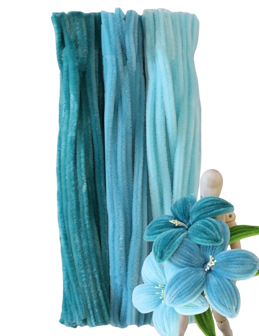 300pcs Caribbean Blue Pipe Cleaners - Fluffy Craft Pipe Cleaners in 3 Shades for Arts & Crafts, Perfect for Flowers, Animals & Decorations (12 x 0.24 inches)