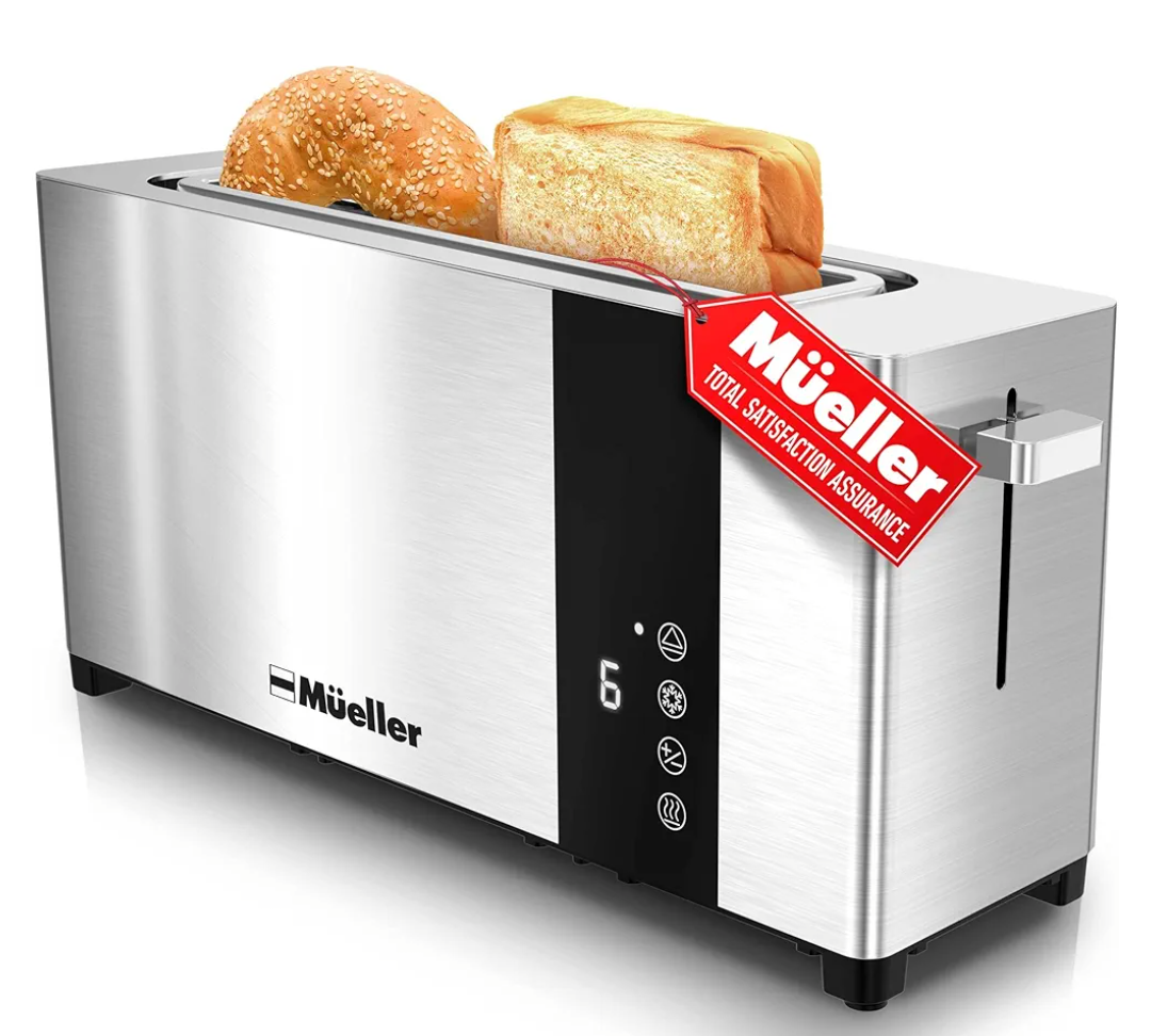 Mueller UltraToast Full Stainless Steel Toaster 2 Slice, Long Extra-Wide Slots with Removable Tray, Cancel/Defrost/Reheat Functions, 6 Browning Levels with LED Display, Housewarming Gifts New Home