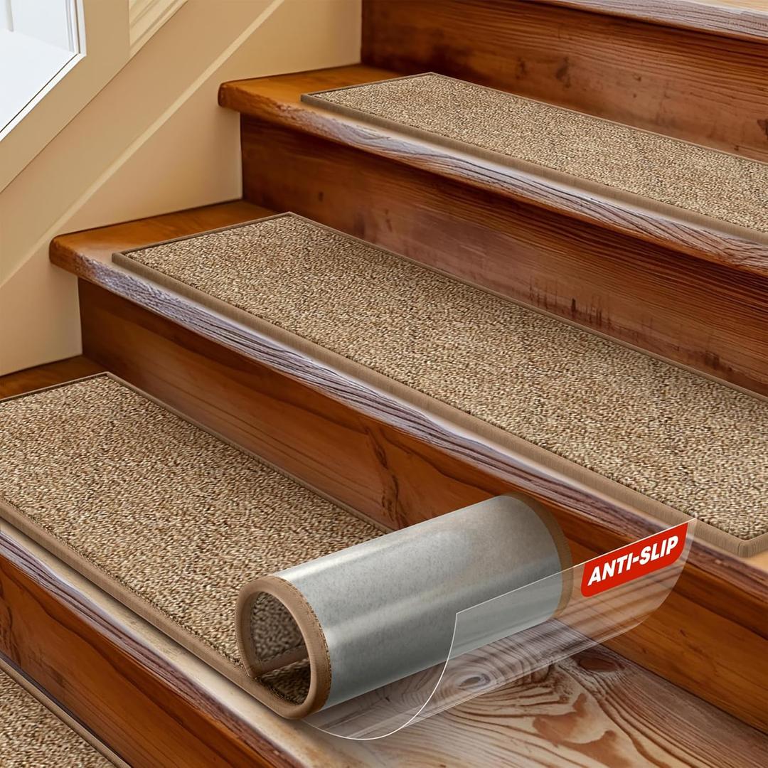 MBIGM 8" x 30" Carpet Stair Treads for Wooden Steps (15 in Pack) - Non-Slip Safety Rug with Soft Plush Comfort - Skid Resistant Indoor Runner for Kids, Elders, and Pets - Cornstalk