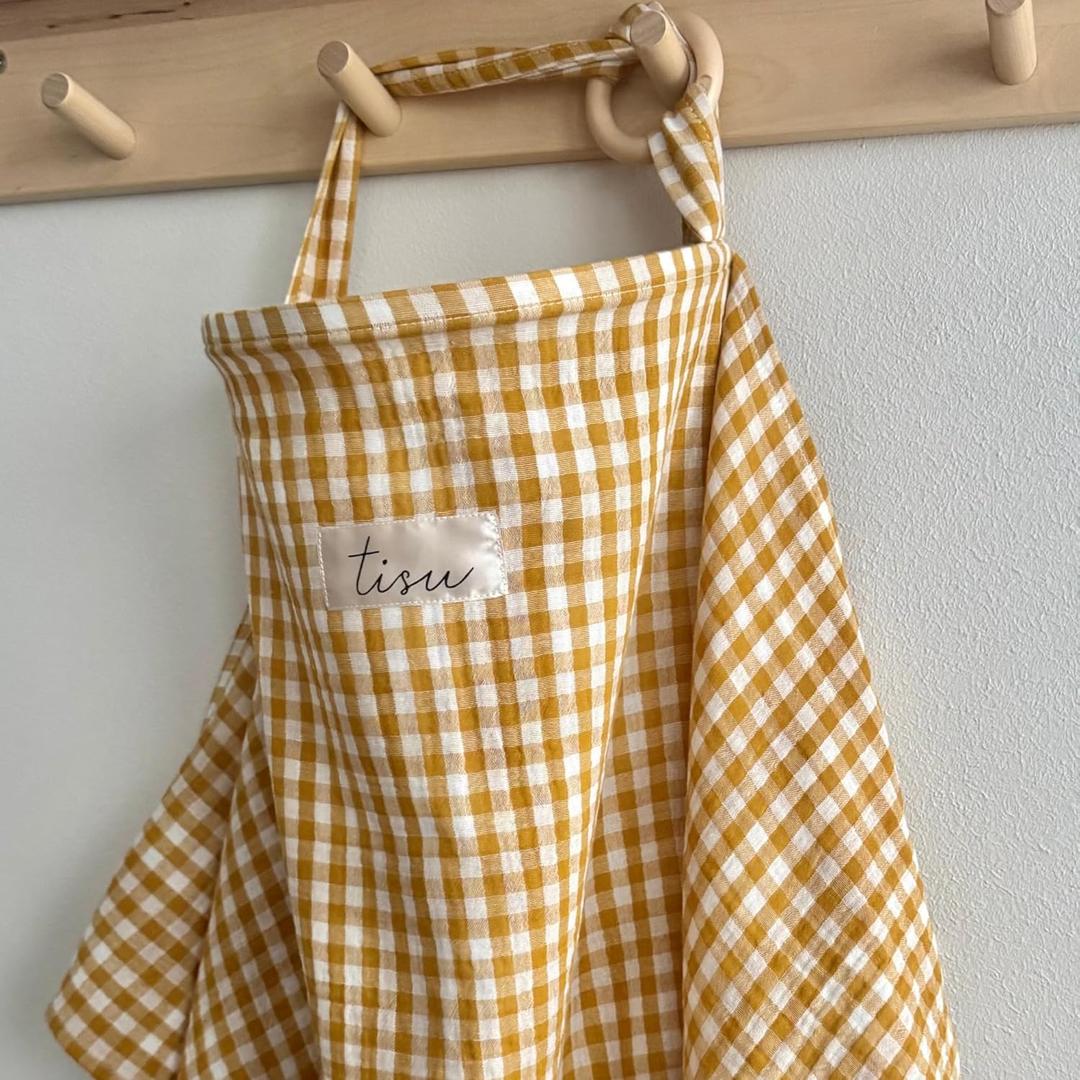 Nursing Cover for Baby Breastfeeding & Pumping | Multi Use Car Seat Stroller Cover | Breathable Soft Muslin Cotton | Breast Feeding Apron & Shawl by TISU (Mustard Gingham)