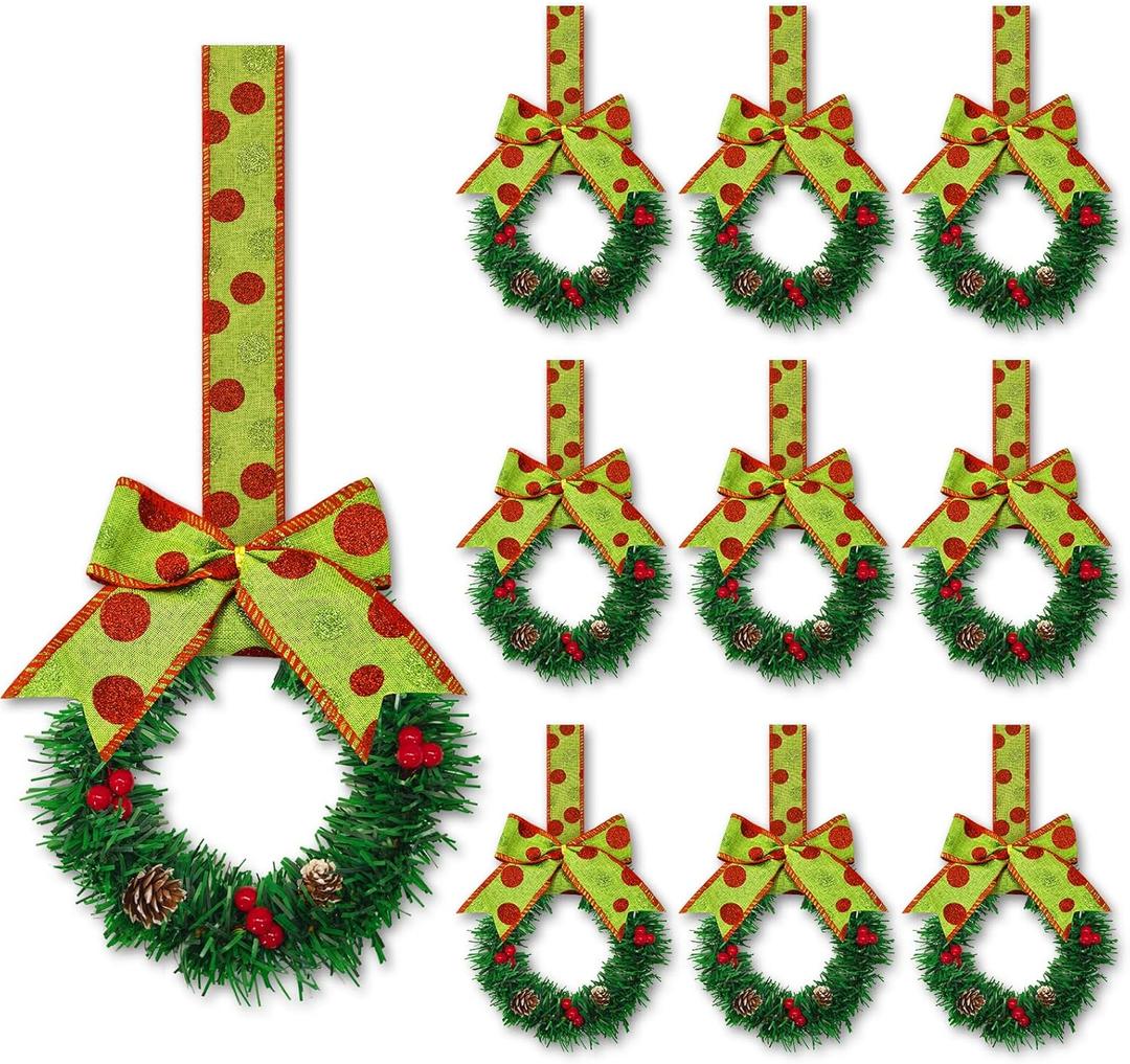 10 Pcs 6" Small Christmas Kitchen Cabinet Wreaths with Ribbon Mini Kitchen Cabinet Christmas Decor for Window Door (Green)