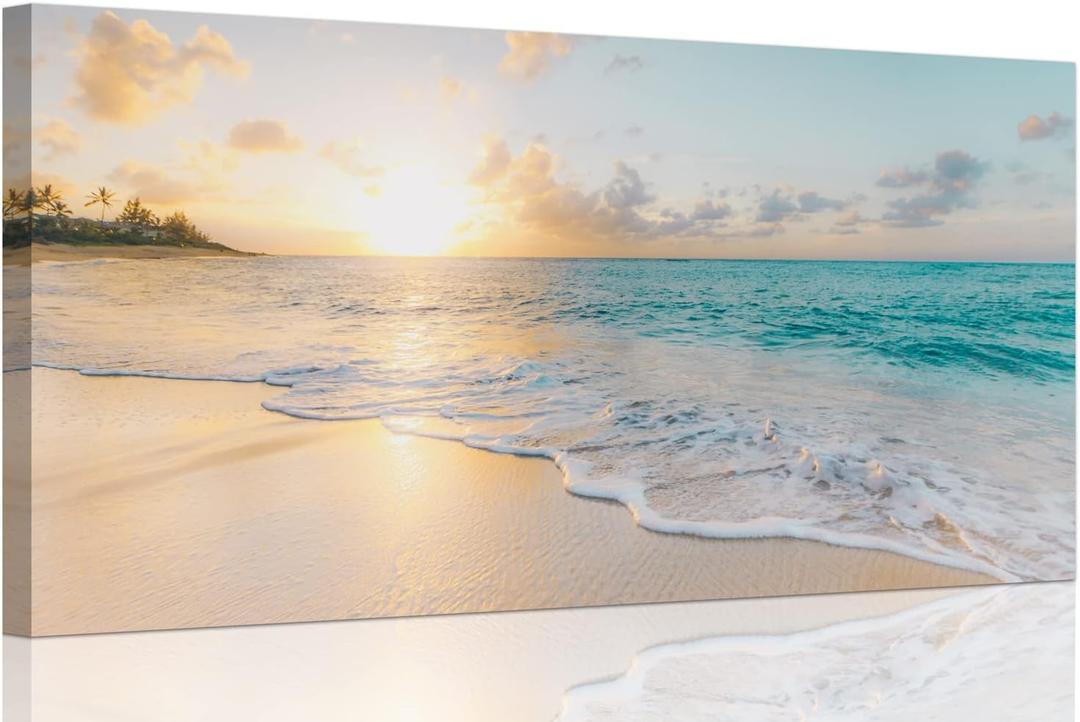 Ocean Wall Art Pictures for Living Room Beach Canvas Wall Art Decor for Bedroom Gold Sunset Canvas Painting for Wall Coastal Theme Art Print for Bathroom Home Office Decoration Ready to Hang(20"*40",