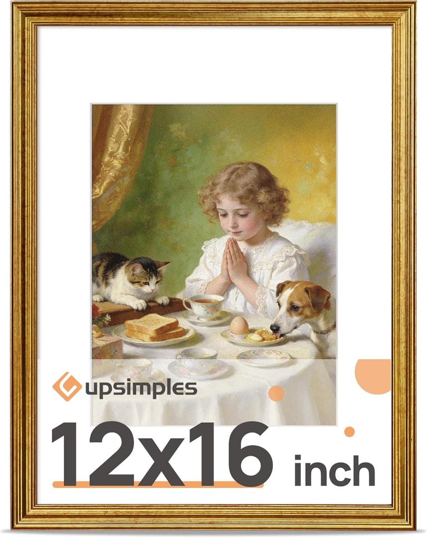 upsimples Vintage 12x16 Frame, Antique Gold Frame Displays 8.5 by 11 with Mat or 12 x 16 Without for Vertical or Horizontal Wall Decor, 1pack