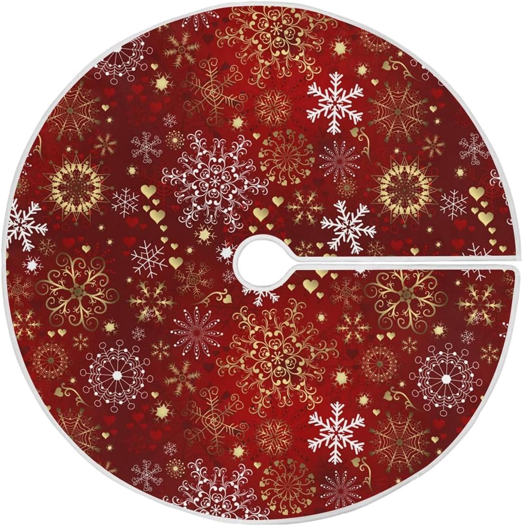 Winter Snow Red Gold Snowflake Christmas Tree Skirt Decorations Happy New Year Xmas Tree Mat 48 inch for Holiday Party Supplies Rustic Ornaments Large Tree Skirt