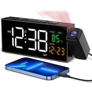 Netzu Projection Clock for Bedroom Ceiling, Alarm Clocks with 180 Rotatable Projector, Date Temperature and Weekday, Manual DST, 5 Brightness, 10 Ringtones, 4 Volumes and Snooze (Black)