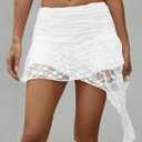 Women's White Mini Skirt Lace Ruffle Y2K Asymmetrical Layered Skirt Stretchable Low Rise Skirts (XL)