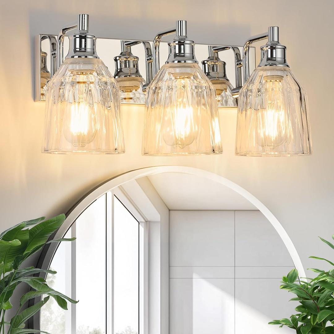 3 Light Bathroom Light Fixtures Modern Chrome Vanity Lights for Bathroom Lighting Fixtures Over Mirror with Thickened Glass Shade for Cabinet Mirror Bedroom Hallway, 18.9 inches