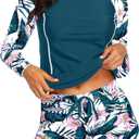 Women's Long Sleeves Rash Guard - 2 Piece Swimsuits with Built in Bra Swim Shirt and Shorts with Pockets, Size M, Teal Flower