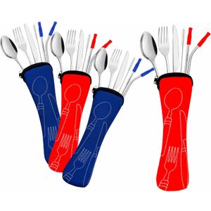Travel Utensils Set with Case 4 Pack, Reusable Stainless Steel Portable Cutlery (Fork, Spoon, Knife, Straws & Cleaner) for Work, Dorm, Camping, Lunch Box, Compact Durable Silverware by Ecoberi (Blue-Red)