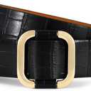 Belts for Women Fashion Black Leather Belt with Square Gold Buckle Stylish Dress Belt (L: Fit Waist Size 35"-39")