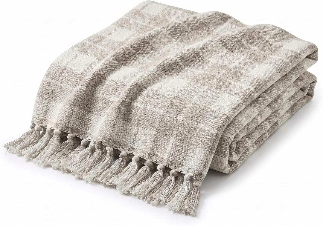 Americanflat 50x60 Throw Blanket - Soft and Breathable Cotton Throw Blanket for Couch, Bed, Chair - Decorative Blankets Perfect for Home, Office, or Outdoor Use - Cream and Beige Plaid Design