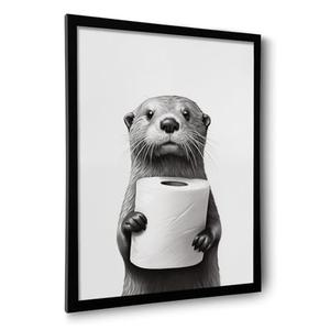 ILLBDR Bathroom Framed Wall Art Funny Bathroom Wall Art Black and White Print Humorous Minimalistic Canvas Artwork Otter Decor for Guest Toilet Framed 16"x24"