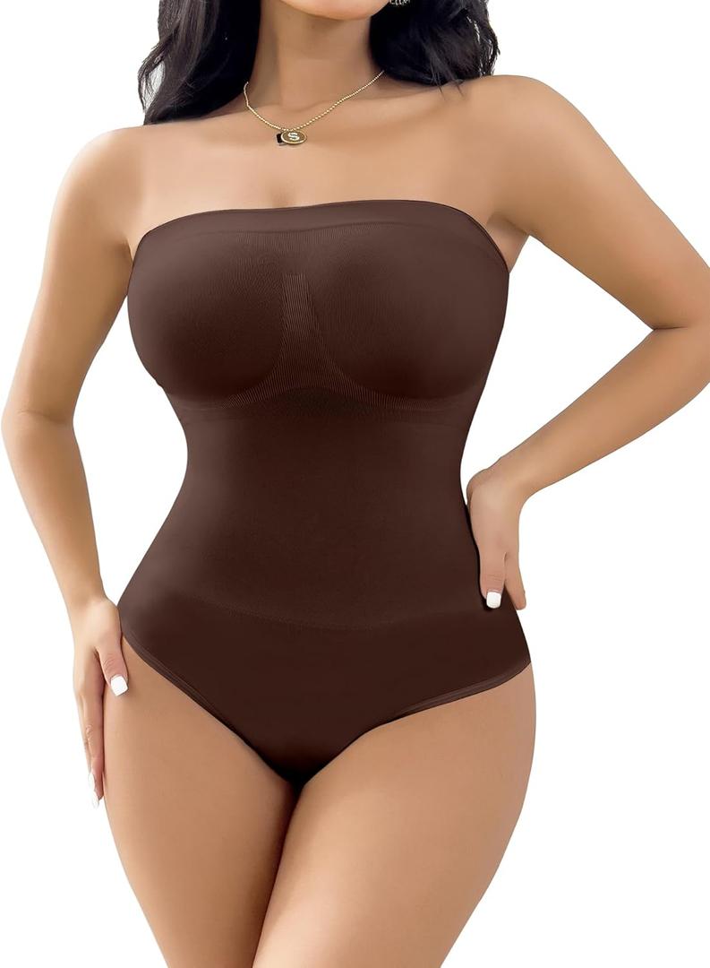 Women's Strapless Shapewear Bodysuit Tummy Control Seamless Sculpted Body Shaper with Removable Straps, Large