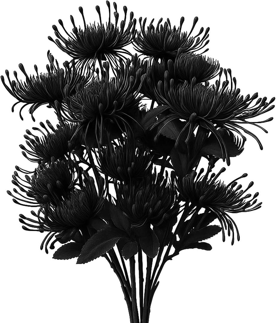 6PCS Black Artificial Fake Mums Halloween Fall Faux Pincushion Flower Spider Mum Flower for Holiday Table Centerpiece Home Party Decoration