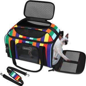 GTMANSWORD 17x11x9.5 Inches Top-Expandable Pet Carrier Alaska Airline Approved, Soft Sided Carrier for Small Dog, Cat with 5-Sides Mesh Windows and Locking Safety Zippers(Rainbow)
