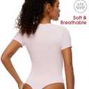 NANJI Short Sleeve Bodysuit for Women - Crew Neck Slim Fit Thong Body Suit, Stretch Double Lined Snap Tops, Casual Going Out (Pink, L)