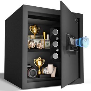 1.5 Cub Biometric Safe Box with Fireproof Bag, Quick-Access Fingerprint with Keys, Digital Keyboard, Type-C Port, Dual Alarm System Safety Box for Home, Office, Hotel Use(Black)