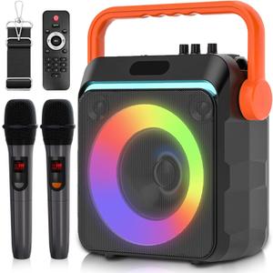 VTSGN Portable Bluetooth Karaoke Machine for Adults  PA System with 2 Wireless Microphones, Disco Lights, Perfect for Outdoor Parties & Family Gatherings (Orange C1) (C1)