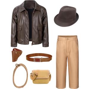 Kids Adventurer Costume for Boys Archaeologist Explorer Leather Jackets Pants Kit Halloween Cosplay (7-8 Years, Brown)