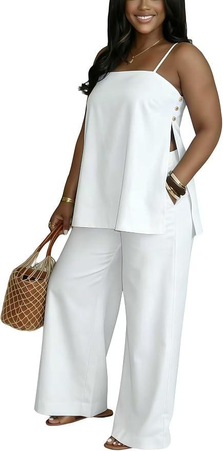 Two Piece Sets for Women Summer Outfits Crop Tops and Wide Leg Pants Sets Sexy Jumpsuits Clubwear Casual Vacation Outfits, White, XXL