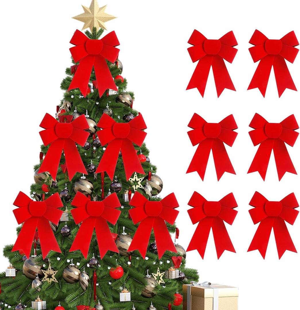 12 PCS Christmas Red Velvet Bow, 5x8 Inches Velvet PVC Christmas Tree Bows - Large Hanging Xmas Bows for Indoor Outdoor Decor, Wreath, Railing, Fences, Party Supplies & Gift Boxes (Red 1, 12 Pcs)