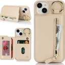 for iPhone 15 case Wallet with Card Holder for Women Men Shockproof Phone case with Keychain Ring Stand Leather Zipper Credit Card Slots-Beige