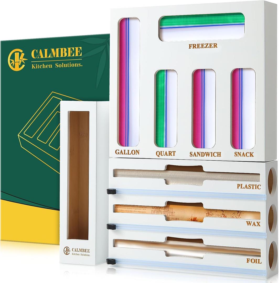 Calmbee 9 in 1 Bamboo Storage Bag Organizer for Kitchen Drawer Plastic Wrap Dispenser with Cutter & Foil Organizer, Wooden Baggie Organizer for Sandwich, Snack, Gallon, Quart Sizes, White