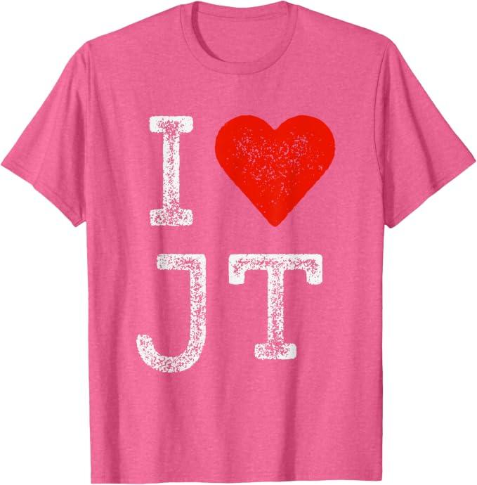 JT Fan Merch Initials Men Red Heart Women I Love JT T-Shirt (Pink, S)