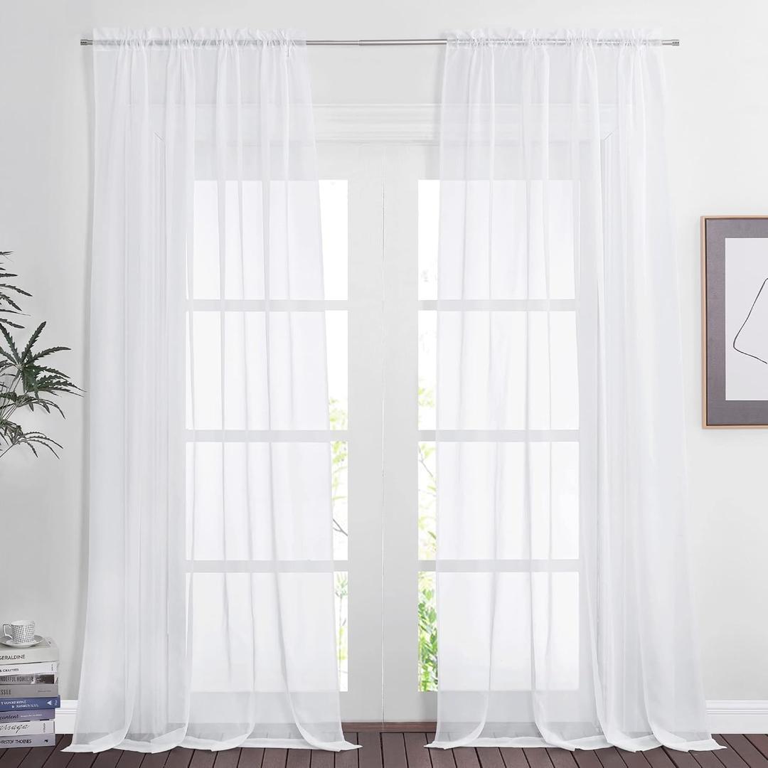 NICETOWN White Sheer Curtains & Drapes 108 inch Long, Rod Pocket Soft Voile Sheer Airy & Elgant Light Filtering Panels for Living Room/Bedroom, 2 Pieces, W60 x L108