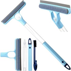 Lothee 1pcs 3 in 1 Window Squeegee, 23'' Long Handle Window Cleaning Scraper, Squeegee and Scrubber with Spray for Walls, Car Windshields, Bathrooms, Kitchens (Bule)