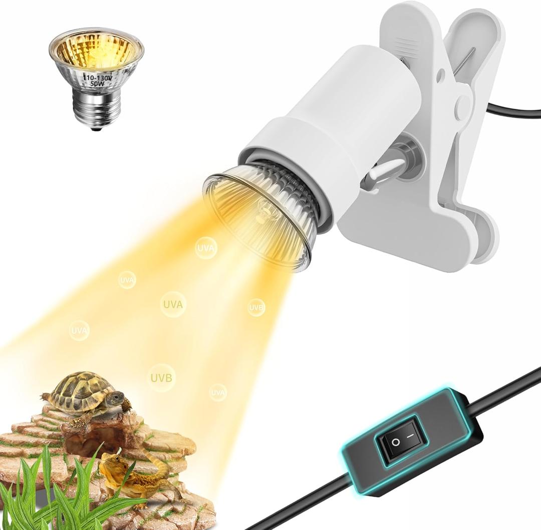 GOZILLA Reptile Heat Lamp, Turtle Lamp with 50W UVA/UVB Turtle Light Bulb, 360Rotatable Clip Reptiles Basking Light for Amphibian and Reptile Tanks, Terrariums, Cages.(White)