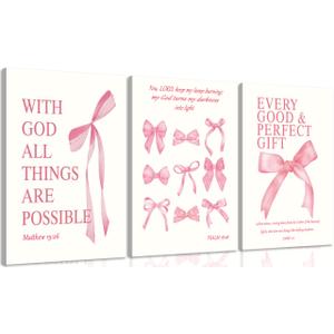 3Pcs Coquette Pink Bow Canvas Wall Art Inspirational Bible Verses Paintings Prints Christian Psalms Scripture Wall Decor Trendy Aesthetic Apartment Posters for living Room Bedroom Pictures Framed