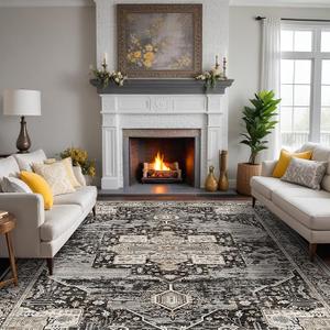 RUUGME Washable Area Rug 10x12 - Soft Area Rugs for Living Room Stain Resistant Carpet Vintage Lightweight Rugs for Bedroom with Non Slip Backing Indoor Ultra-Thin Rugs Home Decor 10x12 Black