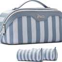 BOYATU Travel Makeup Bag Cosmetic Bag for Women: 3 Pcs Set Striped Make up Bag with Compartments - Waterproof Vegan Leather Toiletry Bags with Handle - Makeup Organizer for Travel Essentials(A-1-Blue)