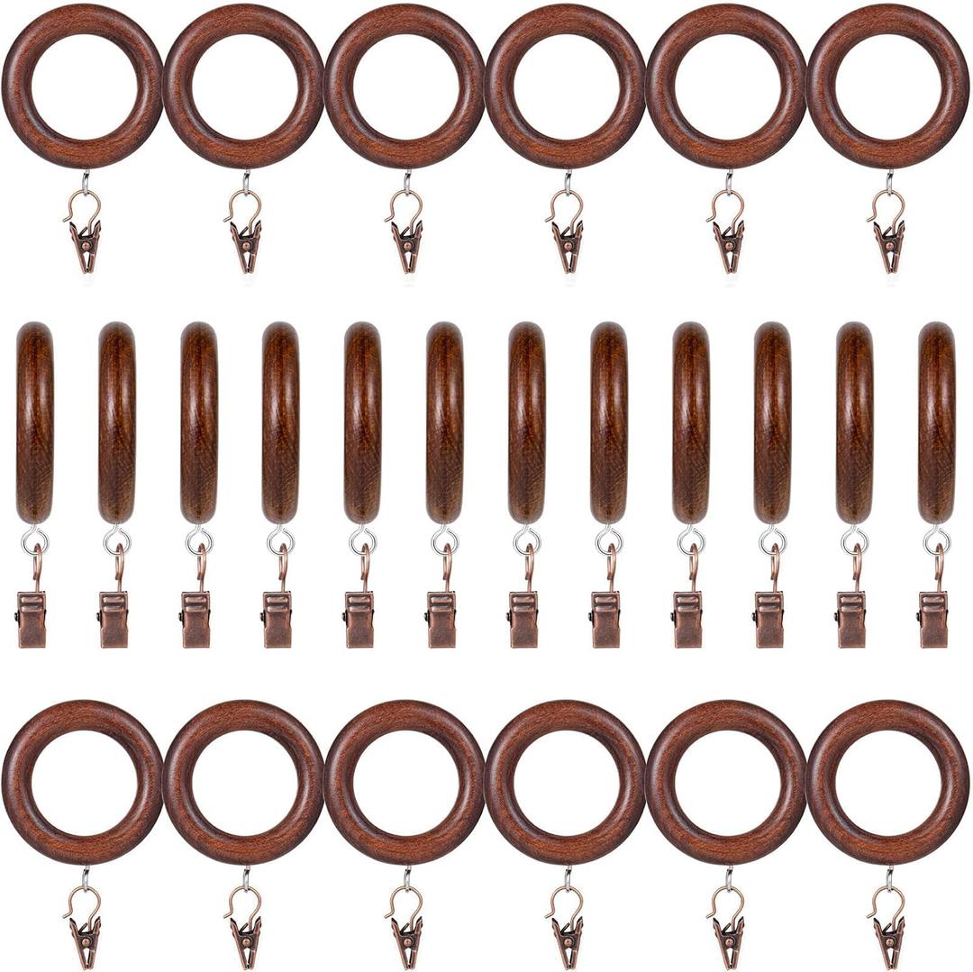 24 Pack Wooden Curtain Rod Rings with Drapery Clips Farmhouse Beech Wood Drapes Rings 1.8 Inch Interior Diameter Rustic for 1.4 Inch Curtain Rod Pole (Retro Brown, Inner Dia 1.8 in)