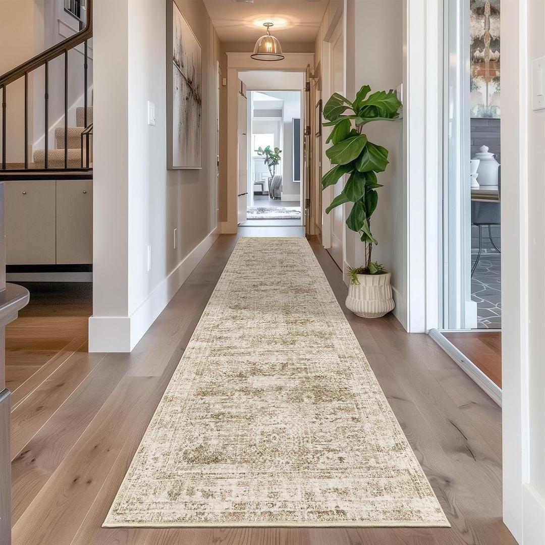 Long Hallway Runner Rug- Carpet Runners for Hallway 12ft, Anti Slip Backing Washable Rug Runner for Bathroom, Entrance, Living Room, Soft Low Pile Mordern Rug Runner(2'x12', Brown/Ivory)