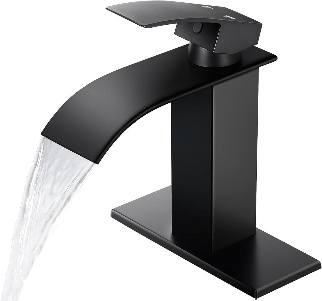 Qomolangma Black Waterfall Spout Bathroom Faucet, Single Handle Vanity Sink, Rv Lavatory Vessel Faucet Suitable for 1 or 3 Holes with 6 Inch Deck Plate & Hose Matte Black