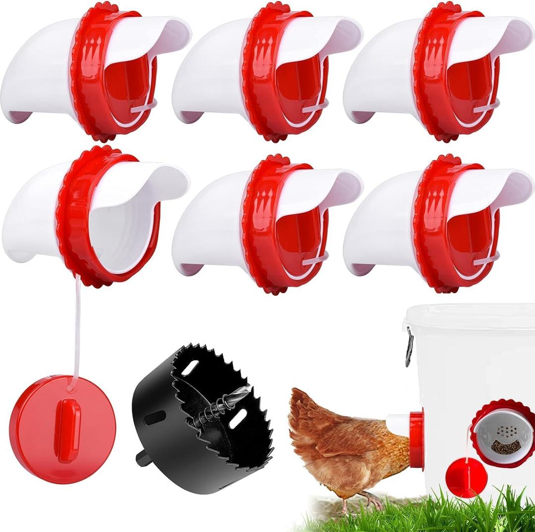 Chicken Feeder Port Kit 6 Pack Automatic Poultry Feeder Cups for Buckets & Bins, No Waste Rainproof DIY Chicken Feeders for Hens, Ducks & Other Poultry